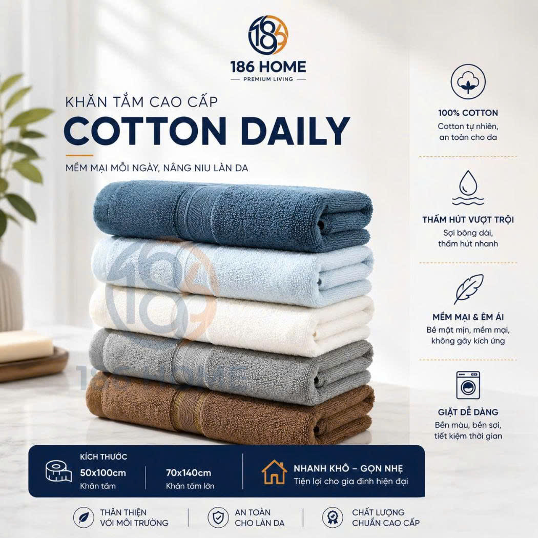 Khăn Tắm 186 Home cỡ lớn 70x140cm Sợi Cotton Mềm Mịn, Thấm Hút Tốt, Không Xổ Lông, Không Phai Màu