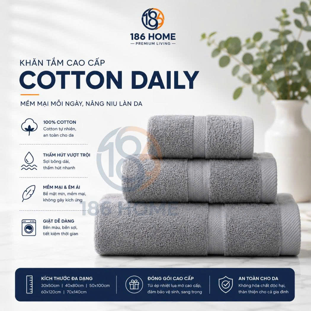 Khăn Tắm 186 Home cỡ lớn 70x140cm Sợi Cotton Mềm Mịn, Thấm Hút Tốt, Không Xổ Lông, Không Phai Màu