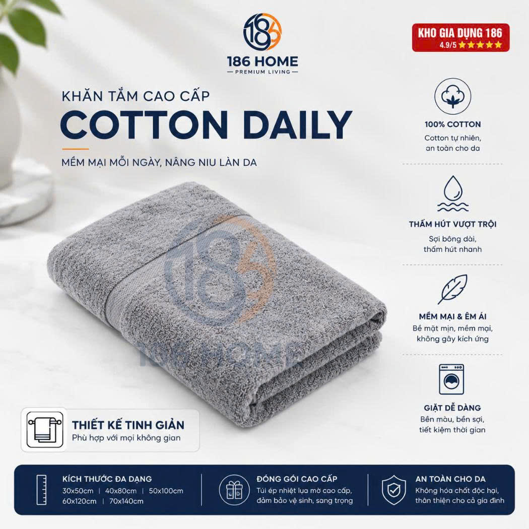 Khăn Tắm 186 Home cỡ lớn 70x140cm Sợi Cotton Mềm Mịn, Thấm Hút Tốt, Không Xổ Lông, Không Phai Màu