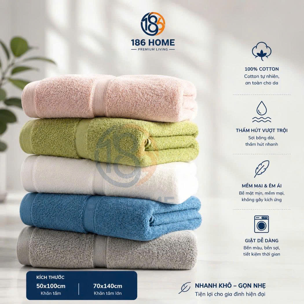 Khăn Tắm 186 Home cỡ lớn 70x140cm Sợi Cotton Mềm Mịn, Thấm Hút Tốt, Không Xổ Lông, Không Phai Màu