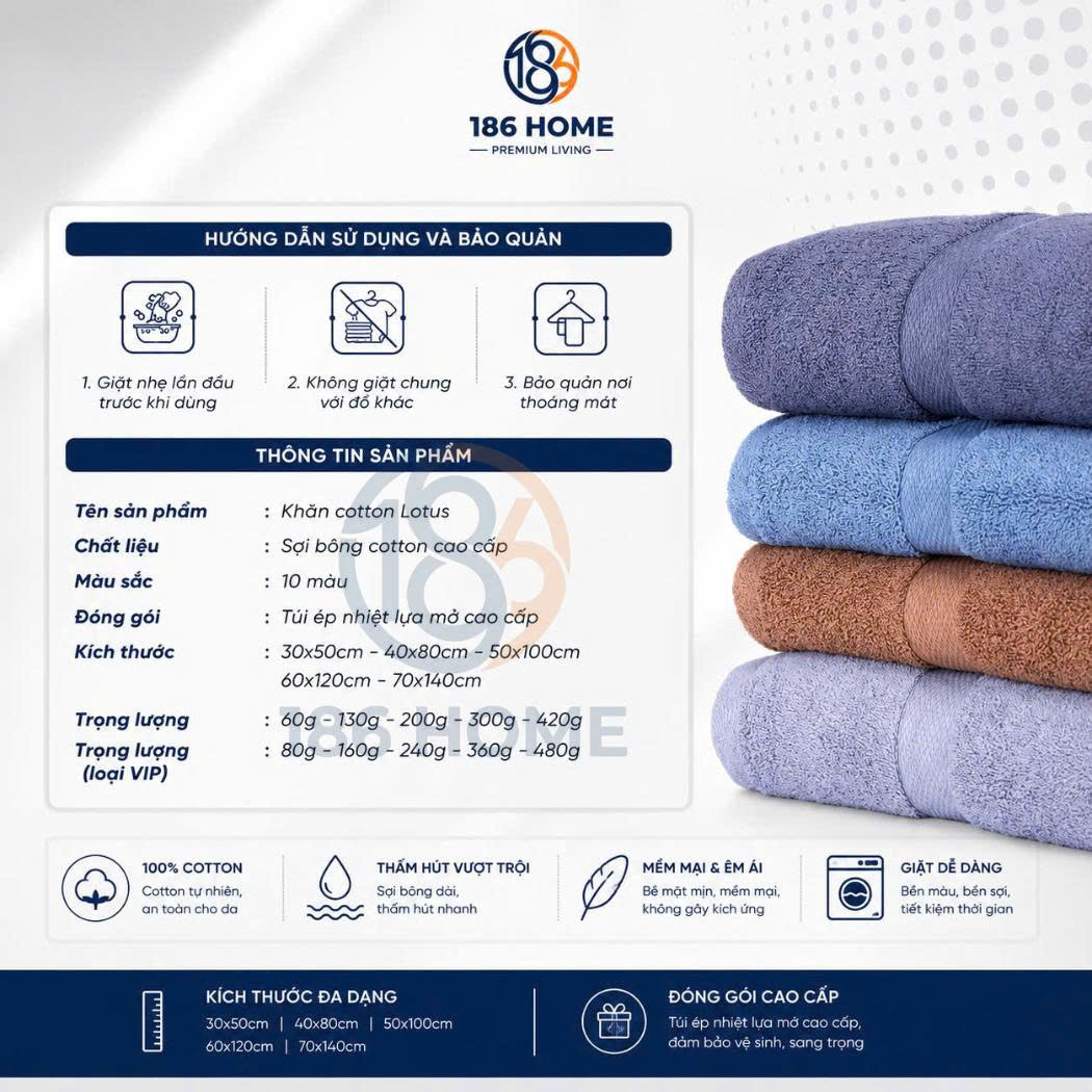 Khăn Tắm 186 Home cỡ lớn 70x140cm Sợi Cotton Mềm Mịn, Thấm Hút Tốt, Không Xổ Lông, Không Phai Màu