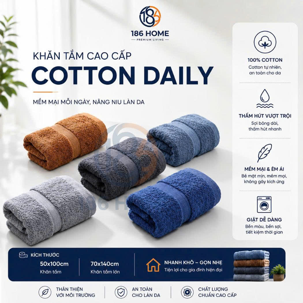 Khăn Tắm 186 Home cỡ lớn 70x140cm Sợi Cotton Mềm Mịn, Thấm Hút Tốt, Không Xổ Lông, Không Phai Màu