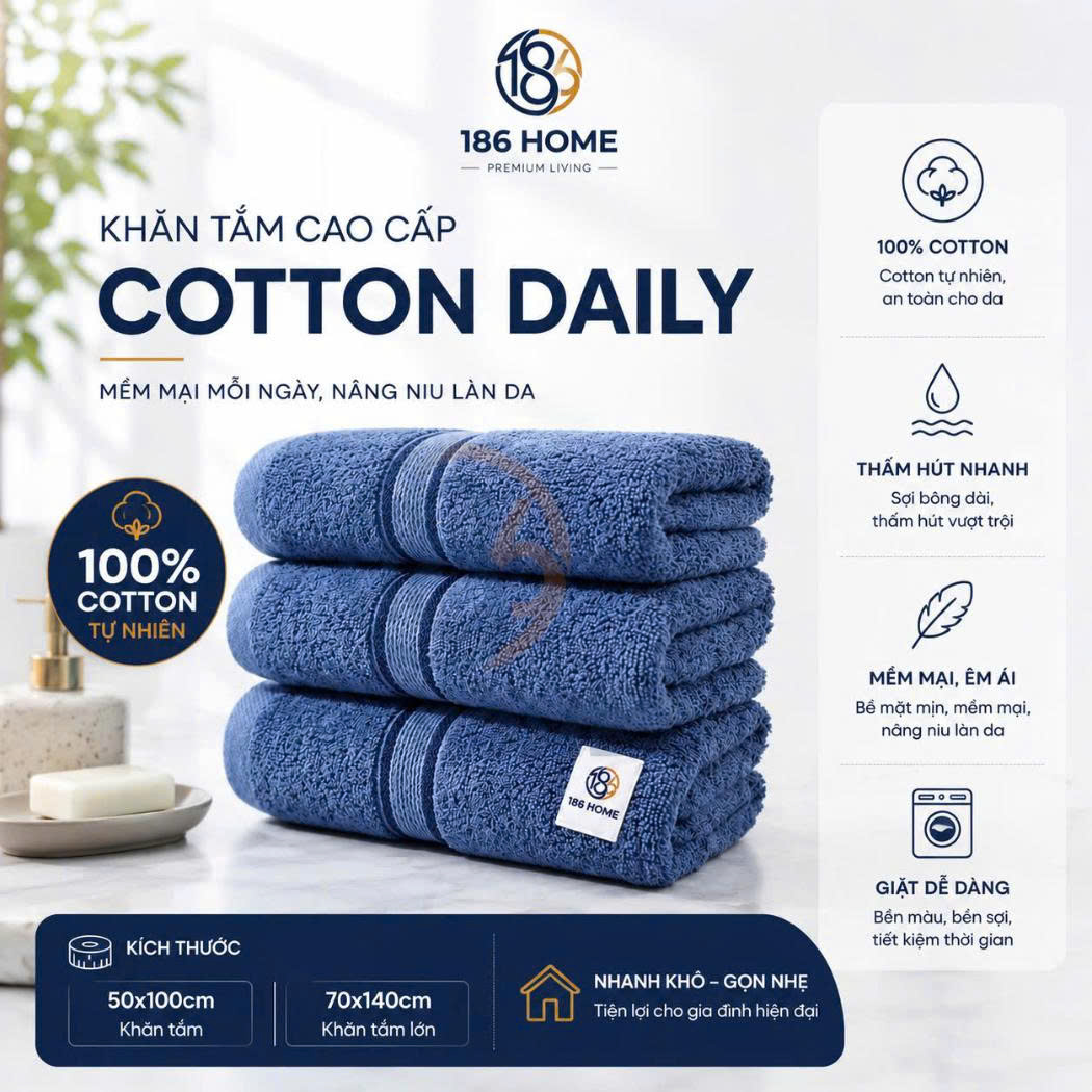 Khăn Tắm 186 Home cỡ lớn 70x140cm Sợi Cotton Mềm Mịn, Thấm Hút Tốt, Không Xổ Lông, Không Phai Màu