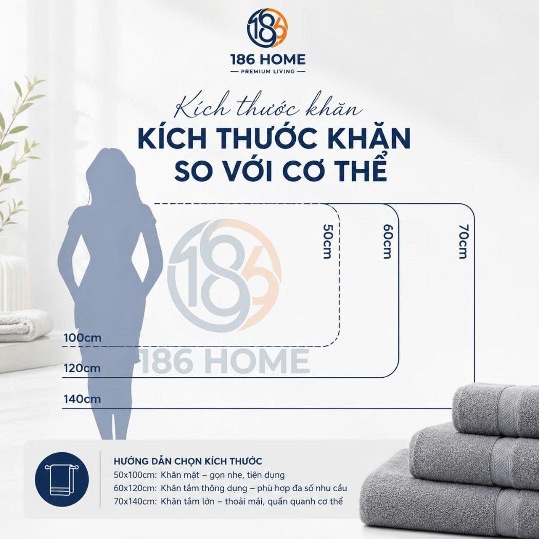 Khăn Tắm 186 Home cỡ lớn 70x140cm Sợi Cotton Mềm Mịn, Thấm Hút Tốt, Không Xổ Lông, Không Phai Màu