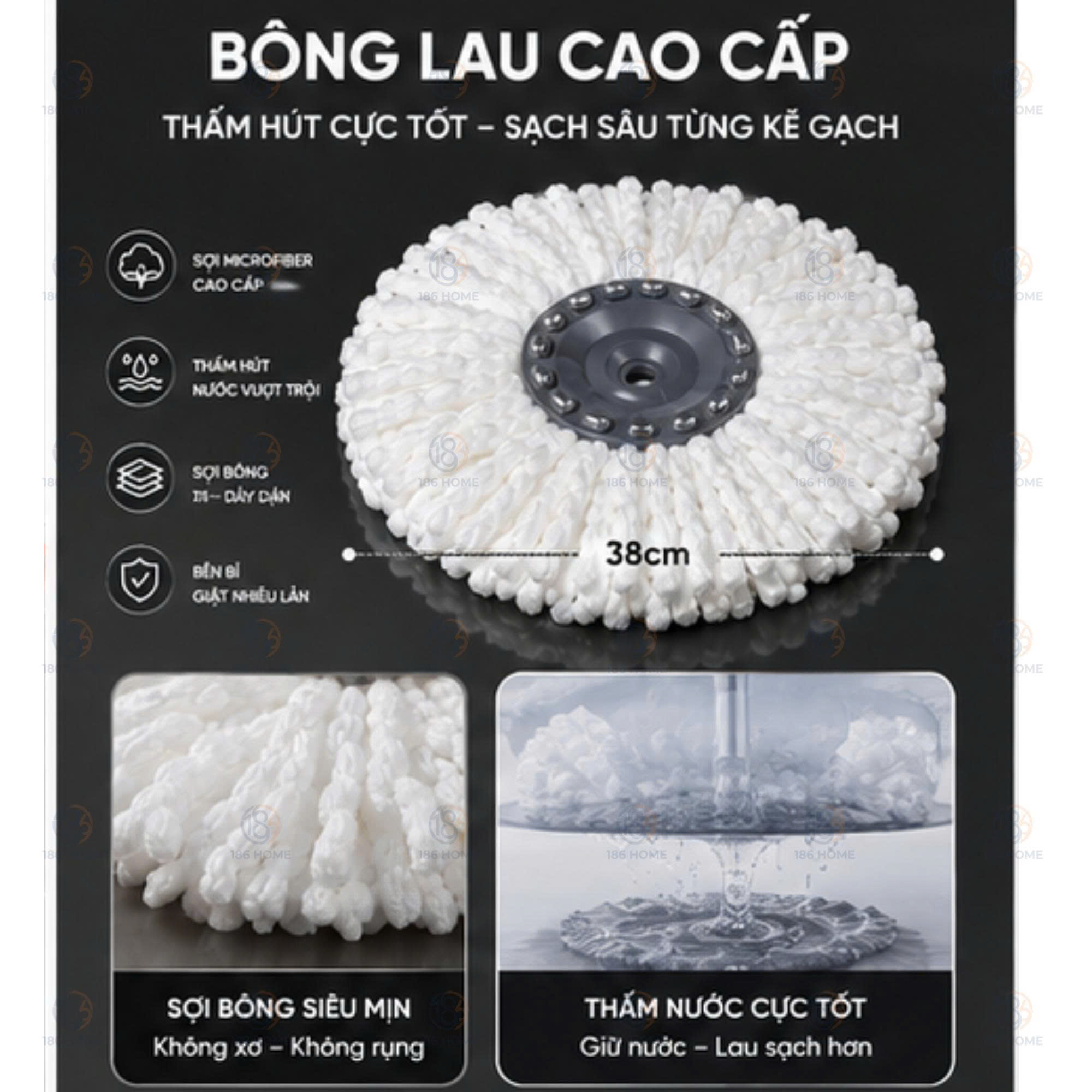 Bộ cây lau nhà 186HOME (1thùng + 1 cây lau + 3 bông lau siêu hút) tự vắt thông minh đầu xoay 360 độ tiện lợi lau sàn làm sạch. Lòng inox, cây chổi lau nhà