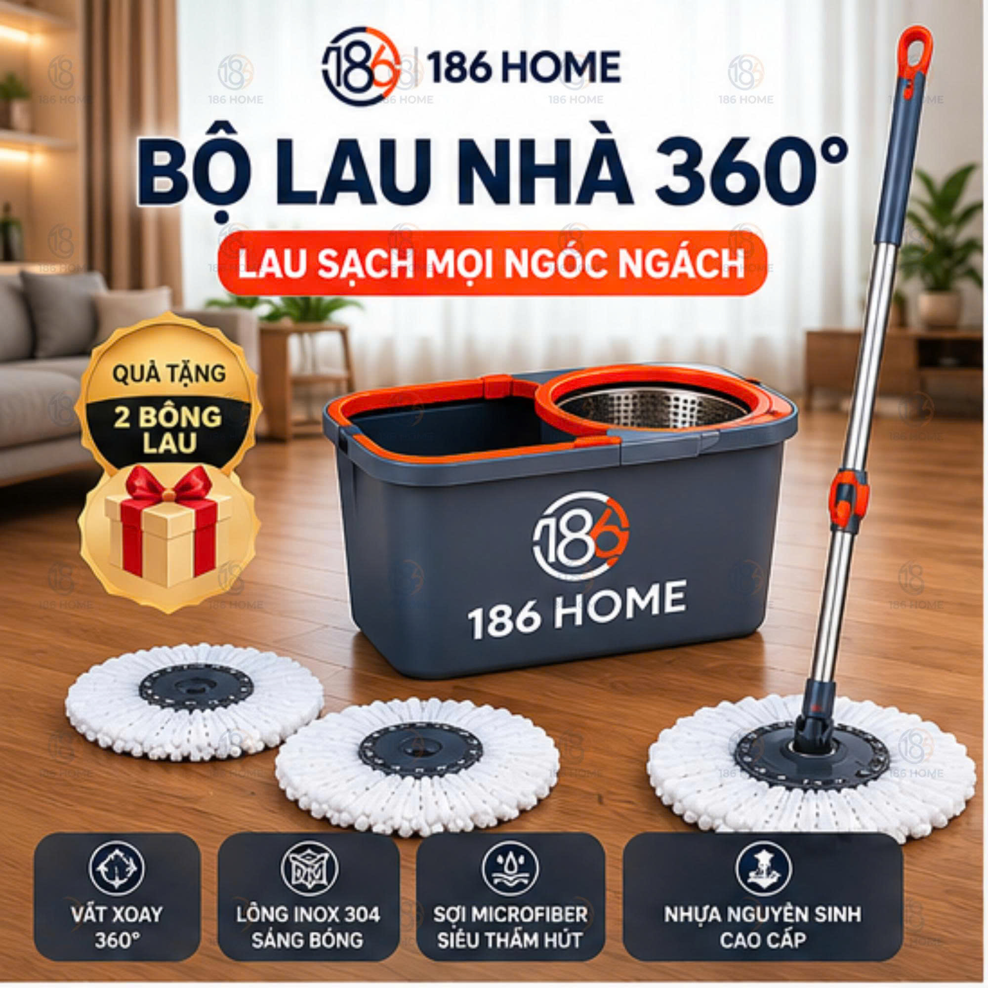 Bộ cây lau nhà 186HOME (1thùng + 1 cây lau + 3 bông lau siêu hút) tự vắt thông minh đầu xoay 360 độ tiện lợi lau sàn làm sạch. Lòng inox, cây chổi lau nhà