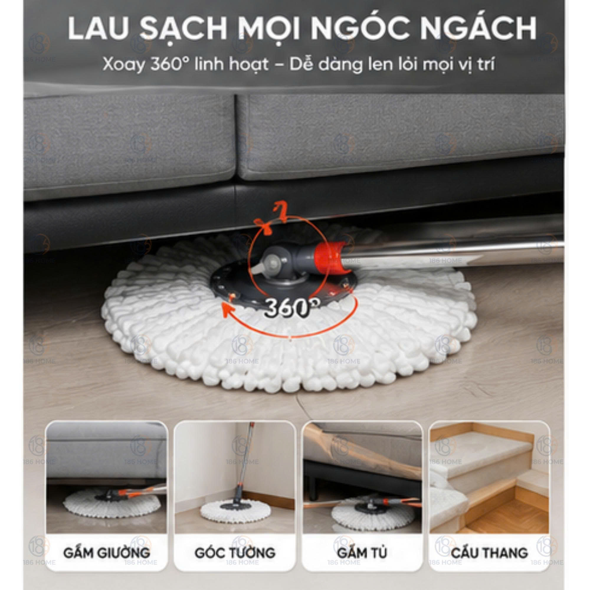 Bộ cây lau nhà 186HOME (1thùng + 1 cây lau + 3 bông lau siêu hút) tự vắt thông minh đầu xoay 360 độ tiện lợi lau sàn làm sạch. Lòng inox, cây chổi lau nhà