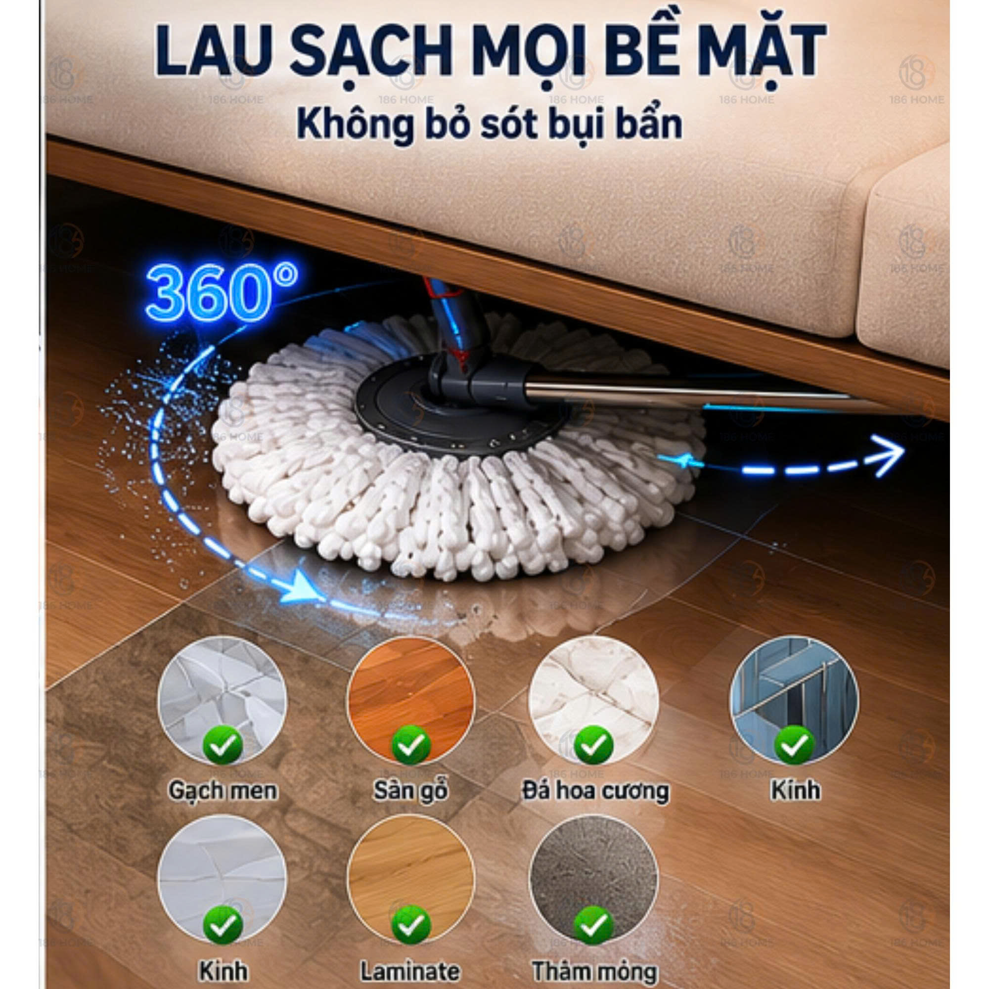 Bộ cây lau nhà 186HOME (1thùng + 1 cây lau + 3 bông lau siêu hút) tự vắt thông minh đầu xoay 360 độ tiện lợi lau sàn làm sạch. Lòng inox, cây chổi lau nhà
