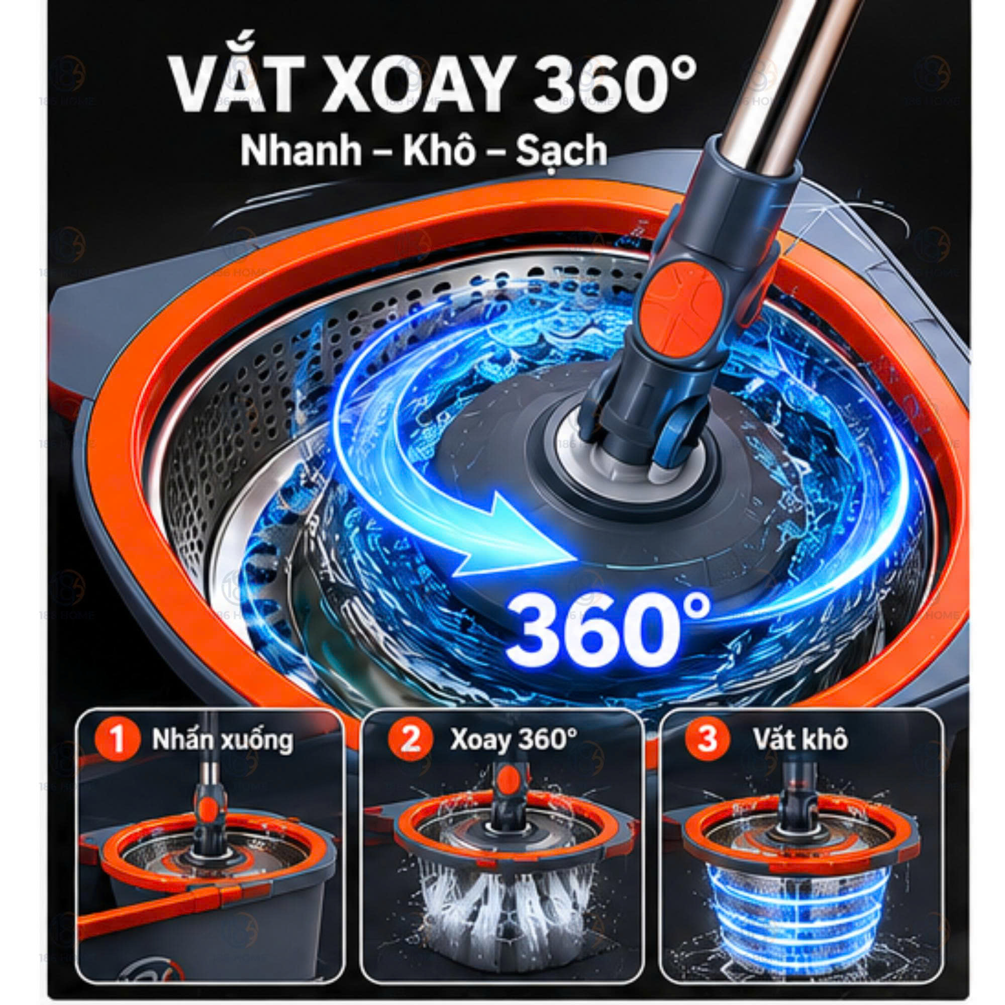 Bộ cây lau nhà 186HOME (1thùng + 1 cây lau + 3 bông lau siêu hút) tự vắt thông minh đầu xoay 360 độ tiện lợi lau sàn làm sạch. Lòng inox, cây chổi lau nhà