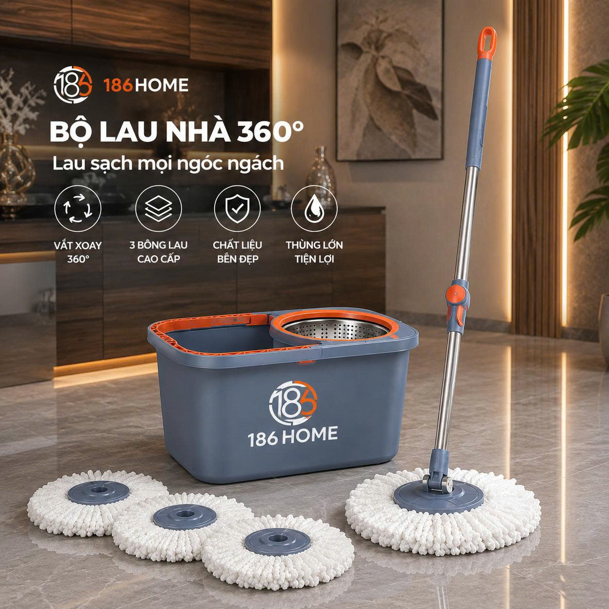 Bộ cây lau nhà 186HOME (1thùng + 1 cây lau + 3 bông lau siêu hút) tự vắt thông minh đầu xoay 360 độ tiện lợi lau sàn làm sạch. Lòng inox, cây chổi lau nhà