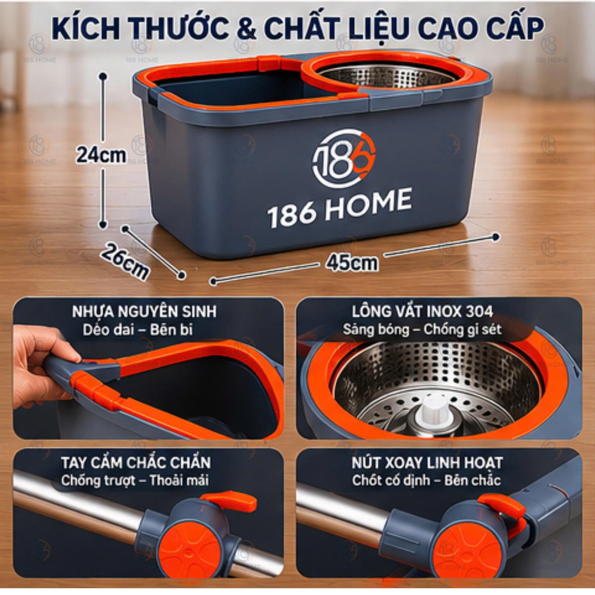 Bộ cây lau nhà 186HOME (1thùng + 1 cây lau + 3 bông lau siêu hút) tự vắt thông minh đầu xoay 360 độ tiện lợi lau sàn làm sạch. Lòng inox, cây chổi lau nhà