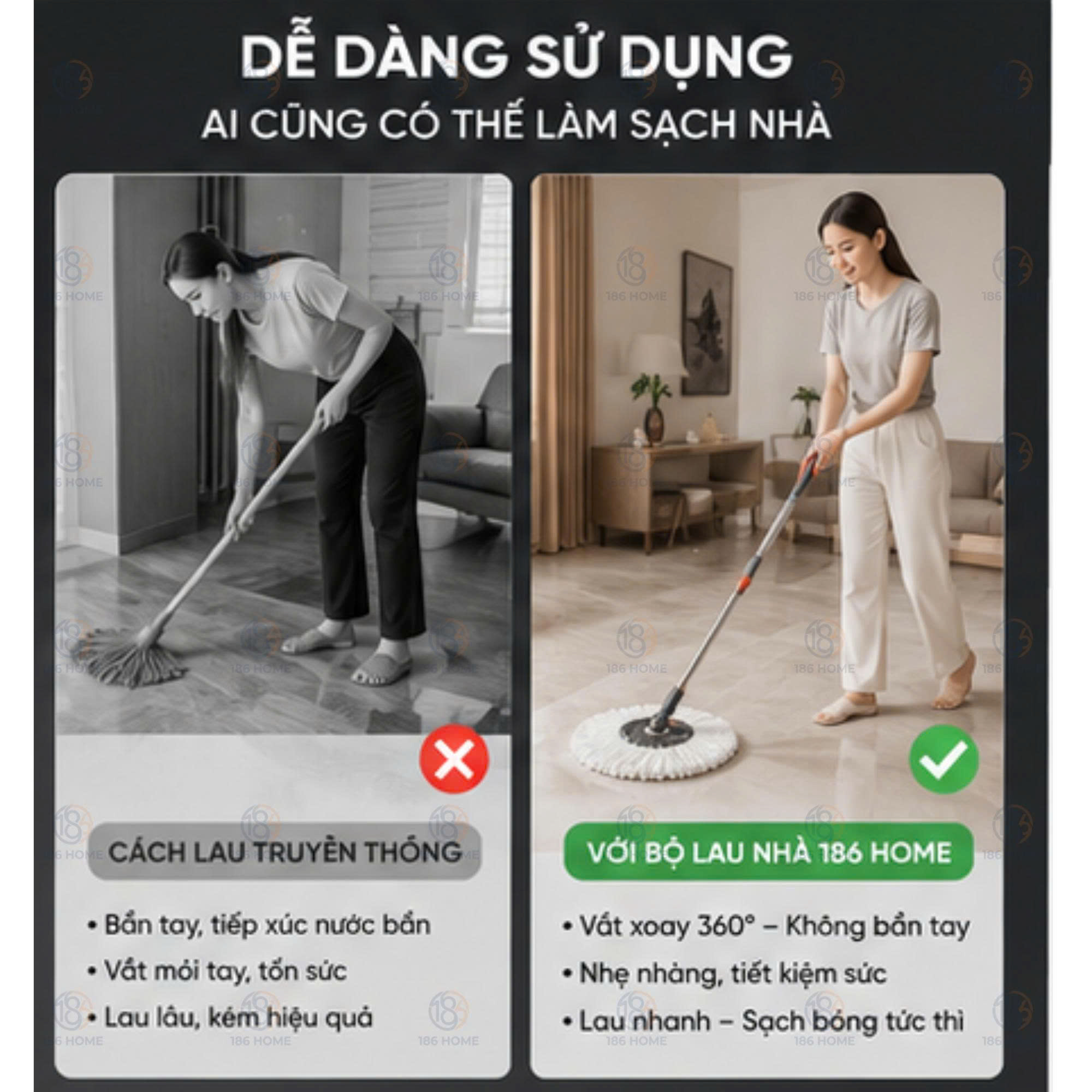 Bộ cây lau nhà 186HOME (1thùng + 1 cây lau + 3 bông lau siêu hút) tự vắt thông minh đầu xoay 360 độ tiện lợi lau sàn làm sạch. Lòng inox, cây chổi lau nhà