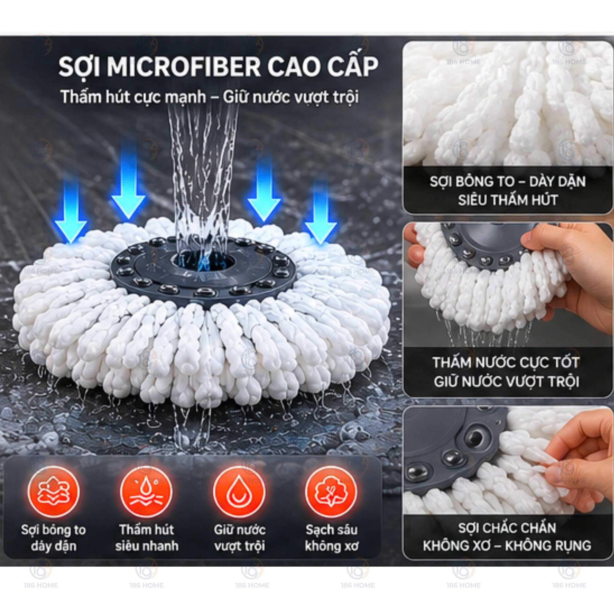 Bộ cây lau nhà 186HOME (1thùng + 1 cây lau + 3 bông lau siêu hút) tự vắt thông minh đầu xoay 360 độ tiện lợi lau sàn làm sạch. Lòng inox, cây chổi lau nhà