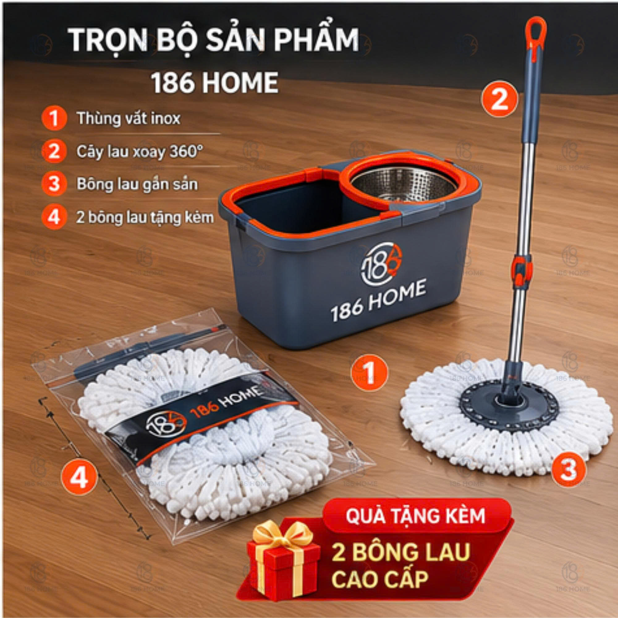 Bộ cây lau nhà 186HOME (1thùng + 1 cây lau + 3 bông lau siêu hút) tự vắt thông minh đầu xoay 360 độ tiện lợi lau sàn làm sạch. Lòng inox, cây chổi lau nhà