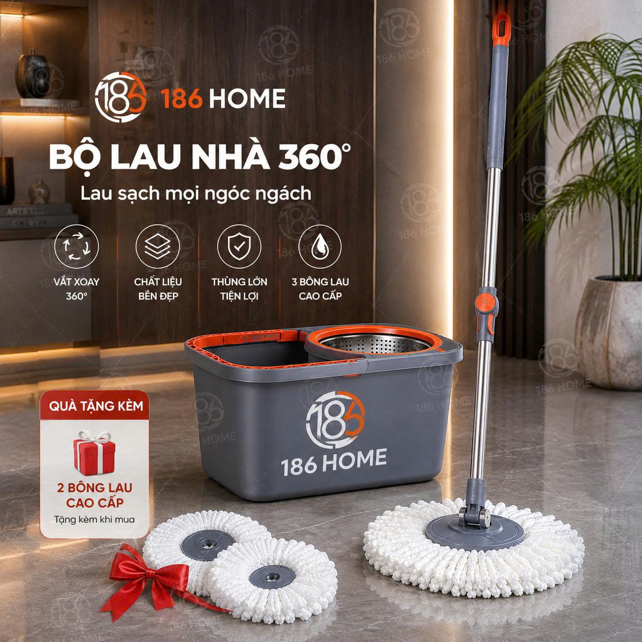Bộ cây lau nhà 186HOME (1thùng + 1 cây lau + 3 bông lau siêu hút) tự vắt thông minh đầu xoay 360 độ tiện lợi lau sàn làm sạch. Lòng inox, cây chổi lau nhà