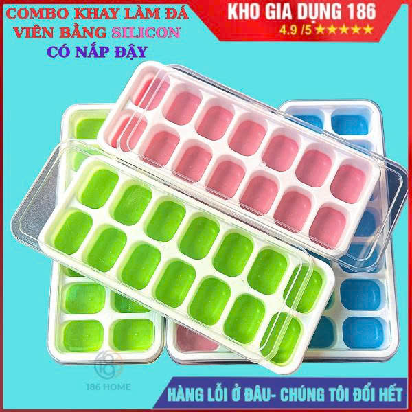 Combo Khay Làm Đá Viên bằng Silicon Có Nắp Đậy Chống Mùi Bảo Quản Tốt Dùng Cho Tủ Lạnh Chất Liệu Mềm Dẻo