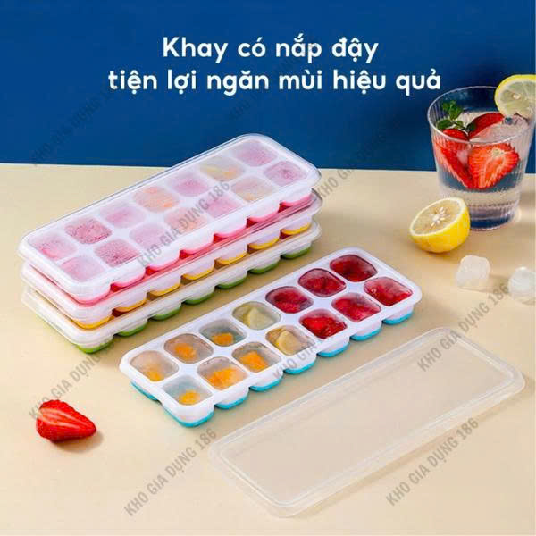 Combo Khay Làm Đá Viên bằng Silicon Có Nắp Đậy Chống Mùi Bảo Quản Tốt Dùng Cho Tủ Lạnh Chất Liệu Mềm Dẻo
